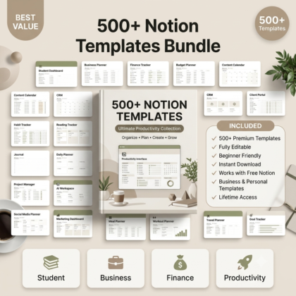 500+ Notion Templates Bundle Ultimate Productivity Pack, Planner