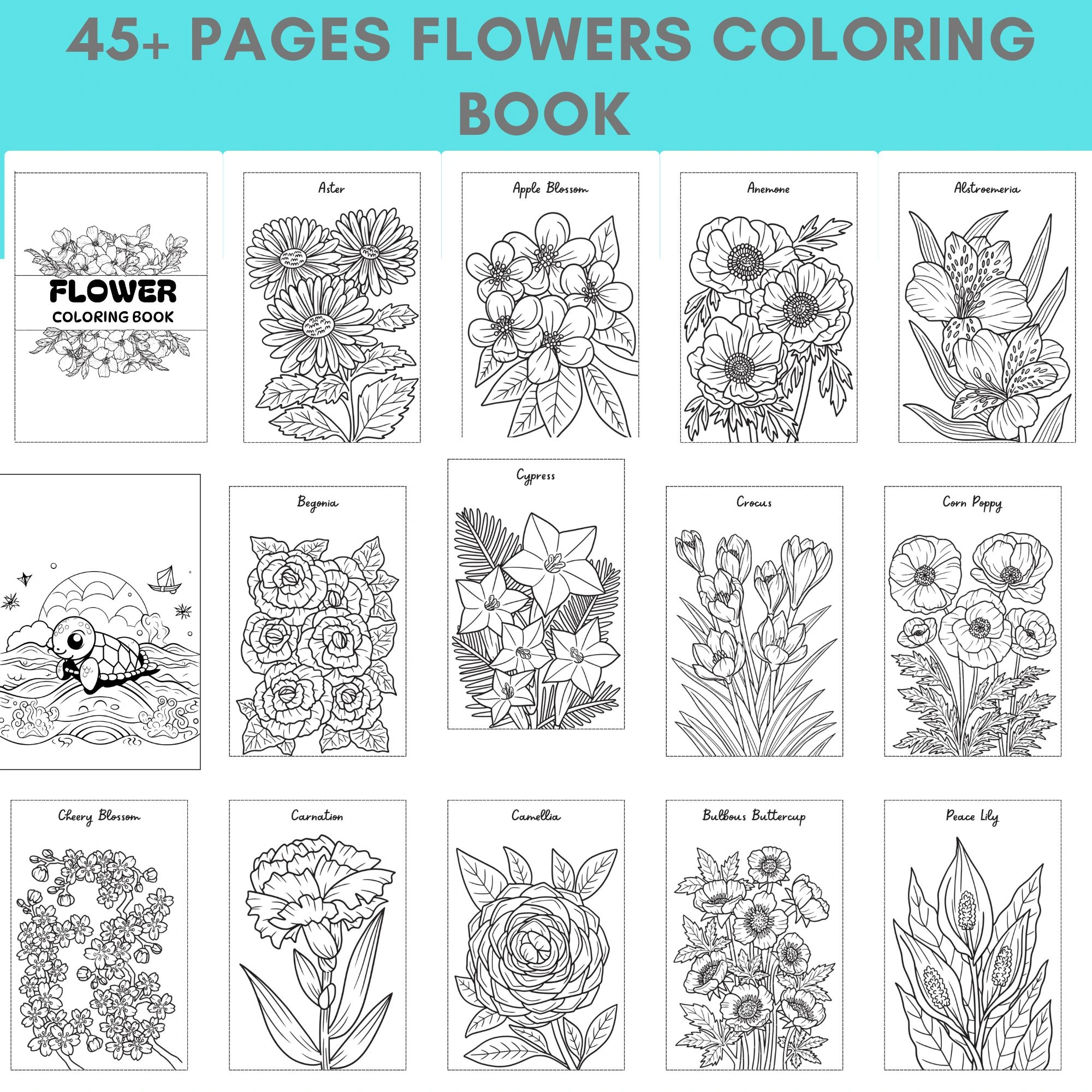 45+ Flowers Coloring Book Bundle – Botanical Flower Coloring Pages Printable PDF