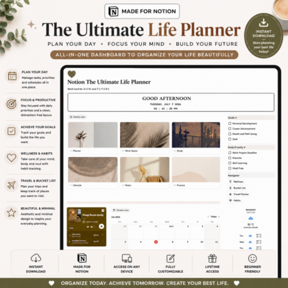 The Ultimate Life Planner for Notion | All-in-One Productivity Dashboard, Daily Planner, Goals, Habits, Finance & Wellness Tracker